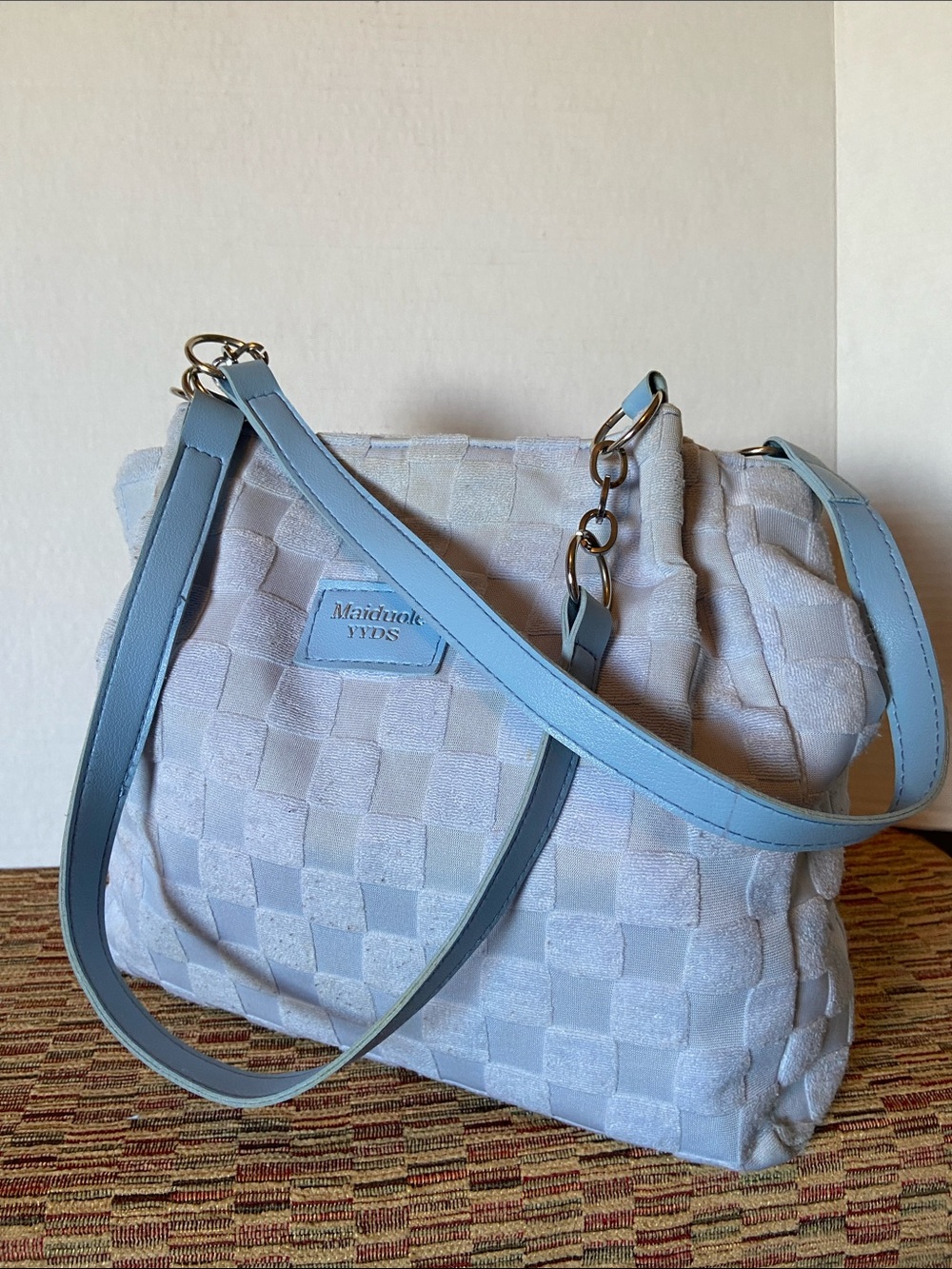 Light Blue Textured Woven Shoulder Bag